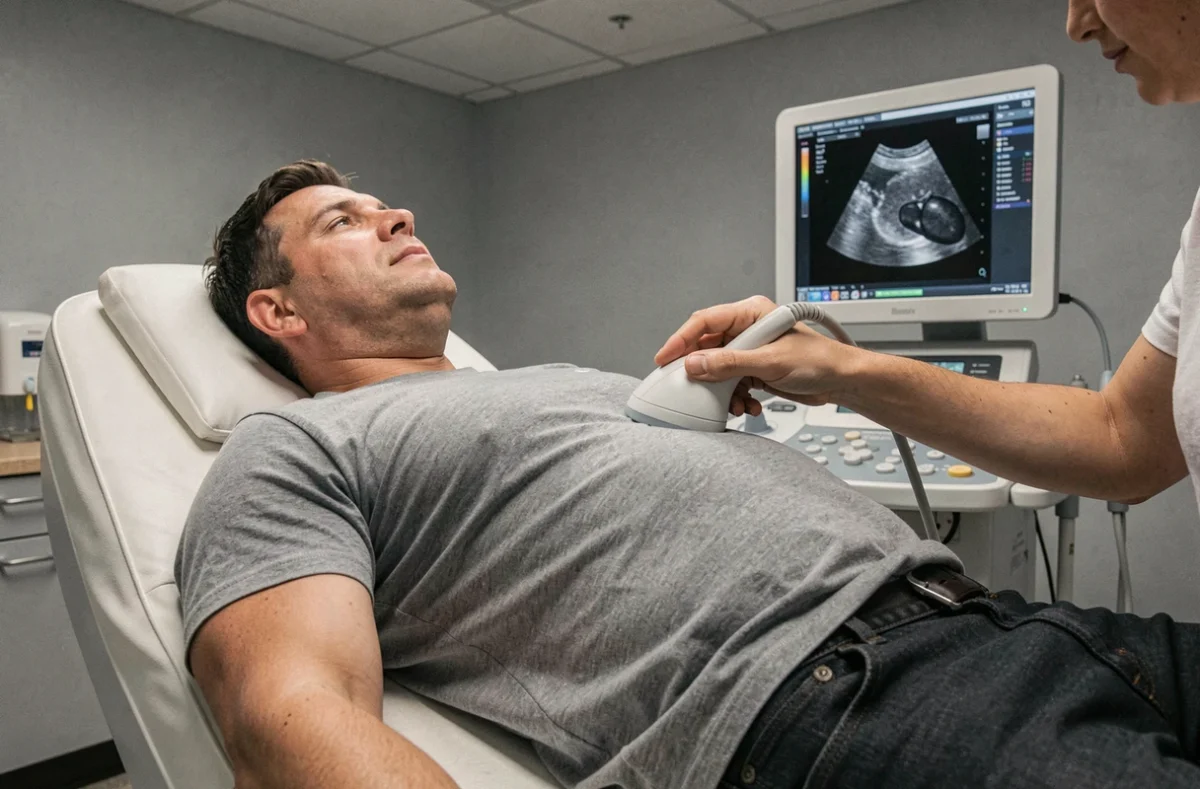 Patient subissant une échographie abdominale pour diagnostiquer une douleur sous les côtes droites liée au foie