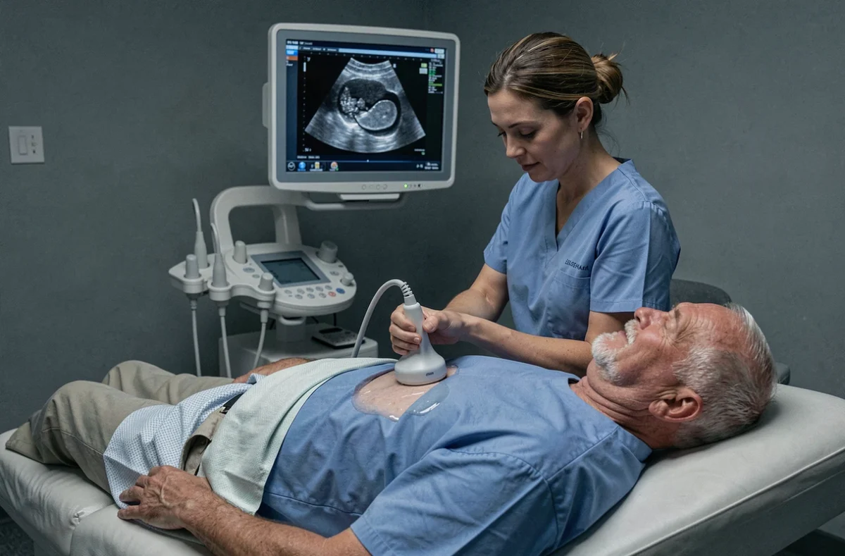 Technicienne réalisant une échographie de l'estomac sur un patient allongé en salle d'imagerie médicale