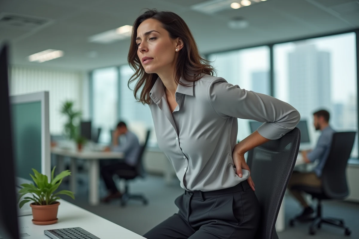 Employée de bureau souffrant de douleurs dorsales assise à son poste de travail en open space