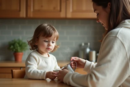 Jeune enfant de 4 ans avec thé au thym dans la cuisine chaleureuse