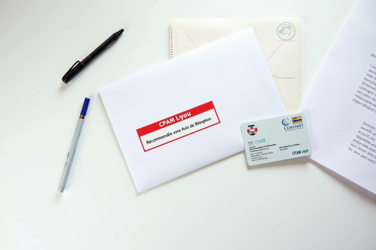 Vue en plongée d'une enveloppe recommandée adressée à la CPAM Lyon avec une carte Vitale et des documents administratifs