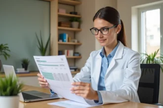 Ergothérapeute femme analysant sa fiche de paie dans un cabinet médical moderne