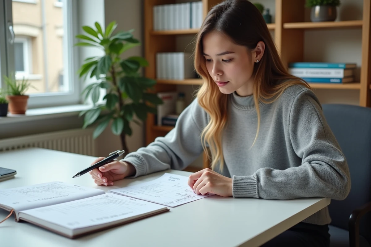 Ergothérapeute comparant deux fiches de paie à son bureau à domicile avec des calculs manuscrits