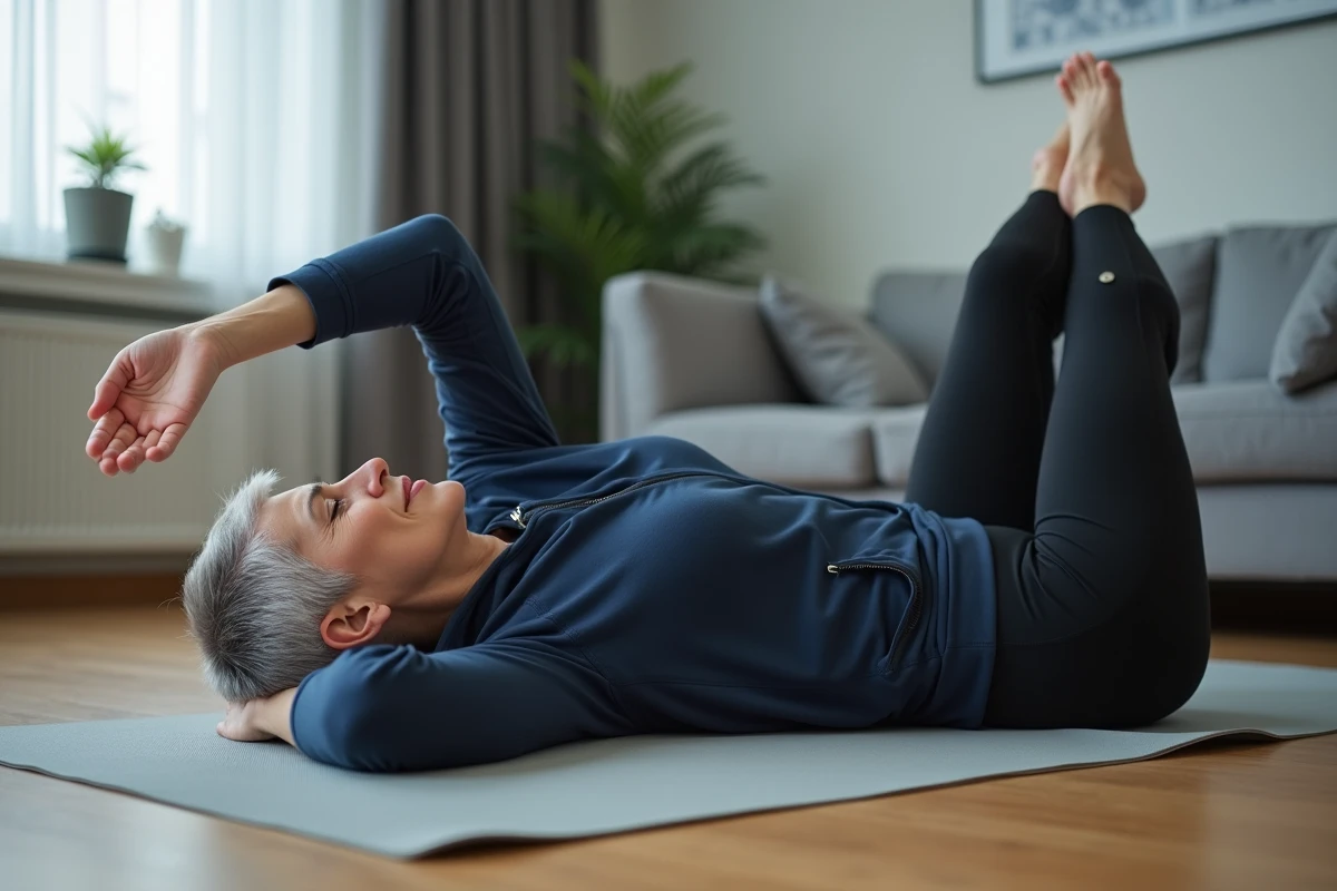 Femme faisant des étirements pour soulager une douleur dans le dos côté gauche sur un tapis de yoga