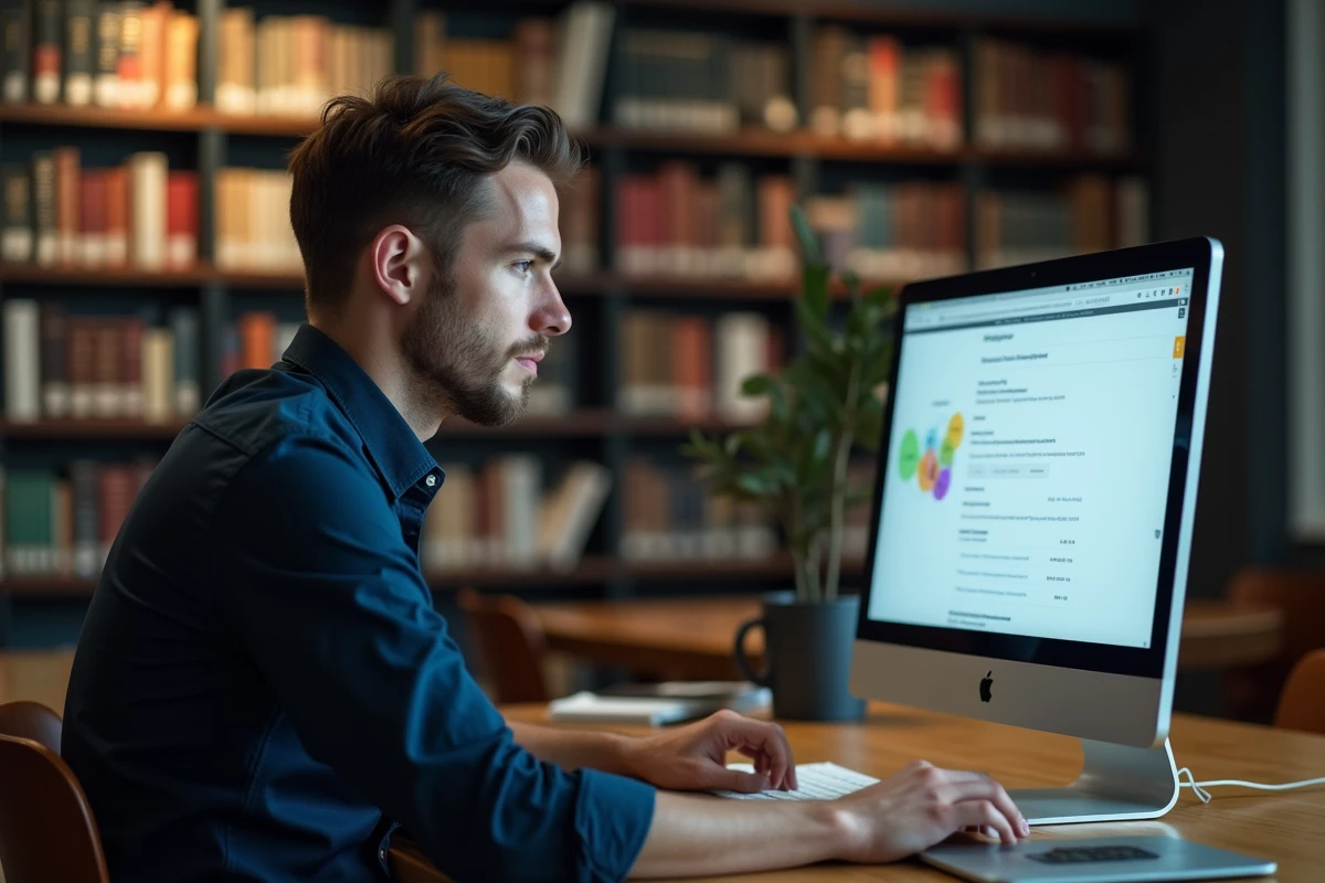 Étudiant masculin accédant à la plateforme de cours en ligne UPEC depuis un ordinateur de bibliothèque universitaire