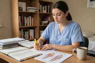 Aide soignante étudiante révisant le vocabulaire médical avec un PDF imprimé et des fiches de cours pour préparer le diplôme d'état