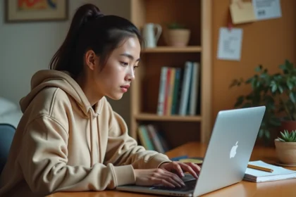 Étudiante connectée à un portail universitaire Cristolink UPEC sur un ordinateur portable dans une chambre d'étudiant