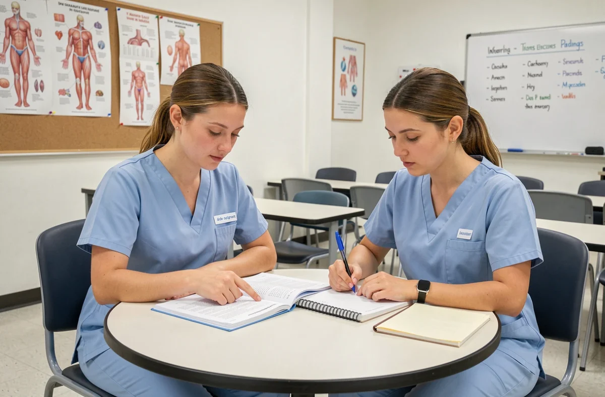 Deux étudiantes aides soignantes travaillant ensemble sur un vocabulaire médical PDF dans une salle de formation pour réussir le diplôme d'état