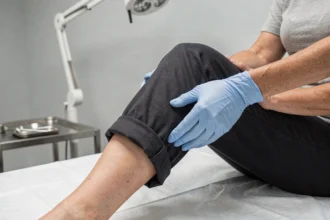 Examen médical d'un kyste poplité derrière le genou par un professionnel de santé