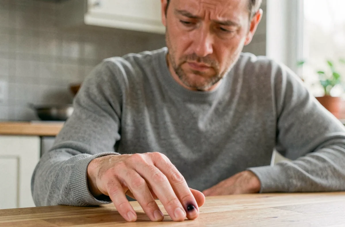 Personne adulte examinant son pouce avec une tache noire sous l'ongle suite à un traumatisme, contexte domestique naturel