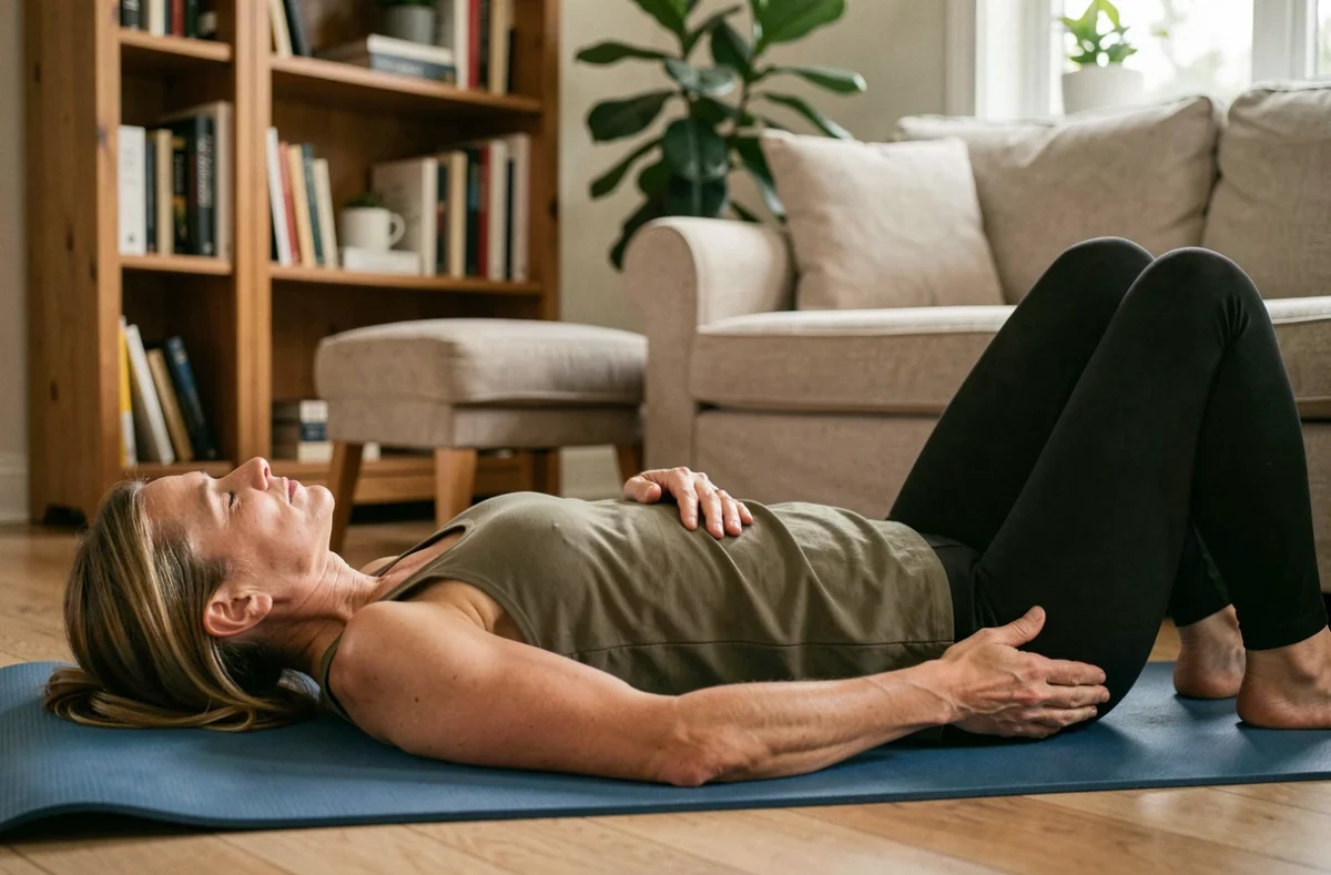 Femme pratiquant un exercice de rééducation sacrale à domicile sur un tapis de yoga dans un salon chaleureux