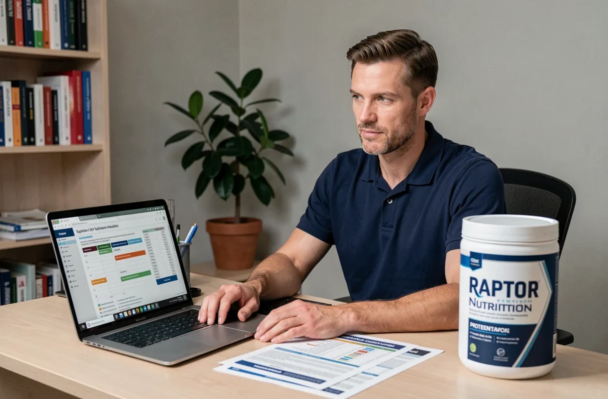 Expert en nutrition analysant les caractéristiques et avis des produits Raptor Nutrition dans un bureau professionnel