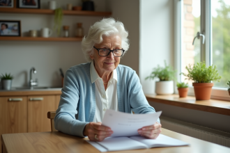 Femme agee lisant une brochure sur le vieillissement sain