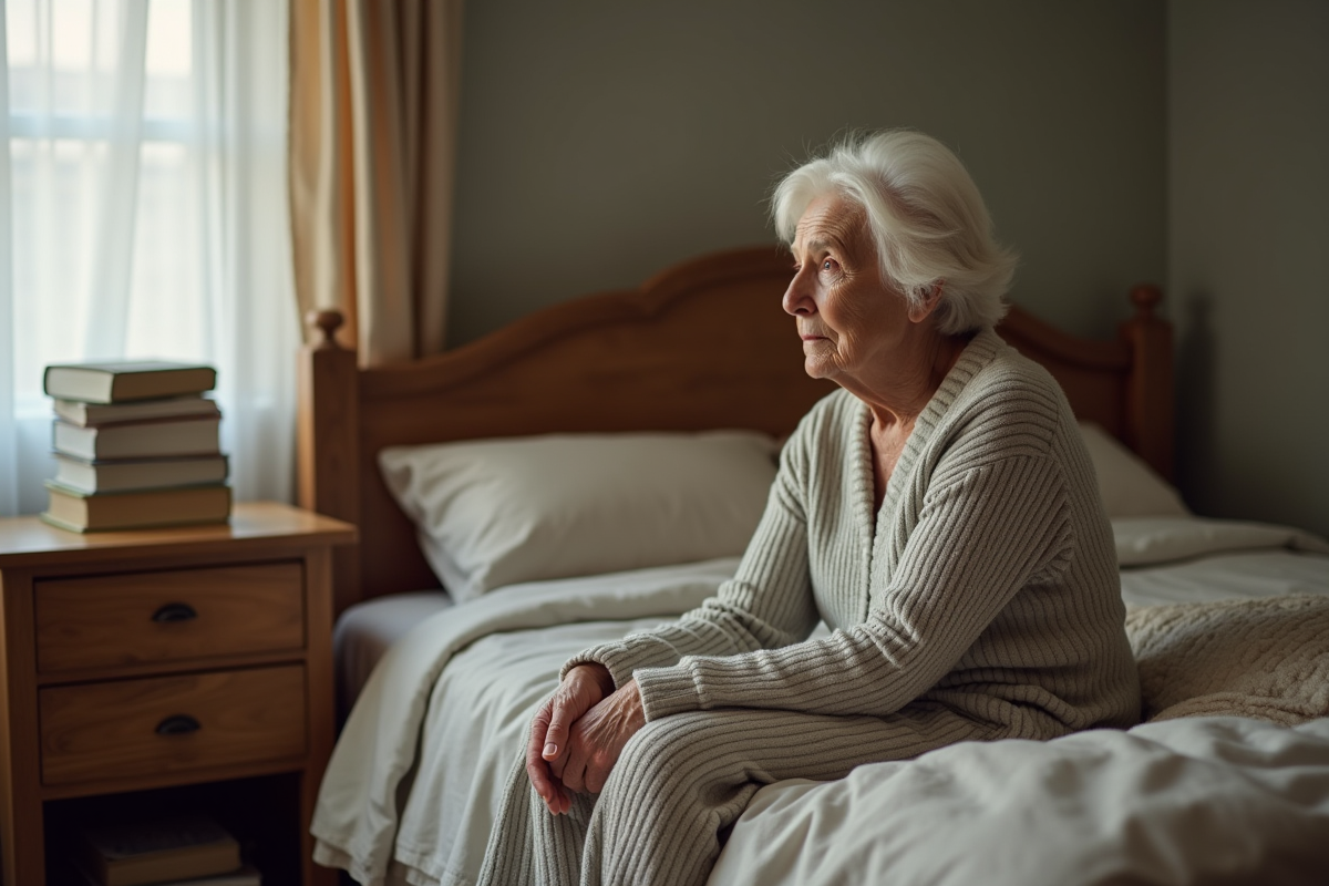 Femme agee assise sur le lit dans une chambre calme