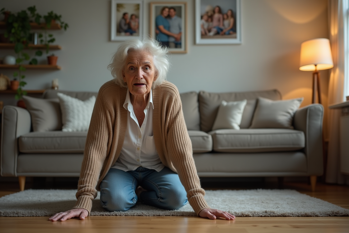 Femme agee assise sur le sol d'un salon cozy