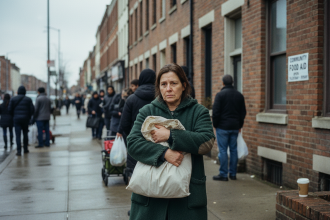 Femme d'âge moyen dans une file à la banque alimentaire