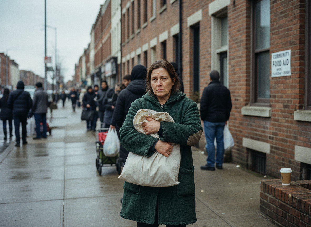 Femme d'âge moyen dans une file à la banque alimentaire
