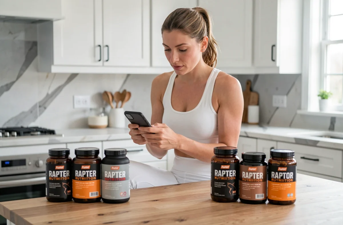 Femme analysant les avis sur les produits Raptor Nutrition depuis son smartphone dans une cuisine moderne