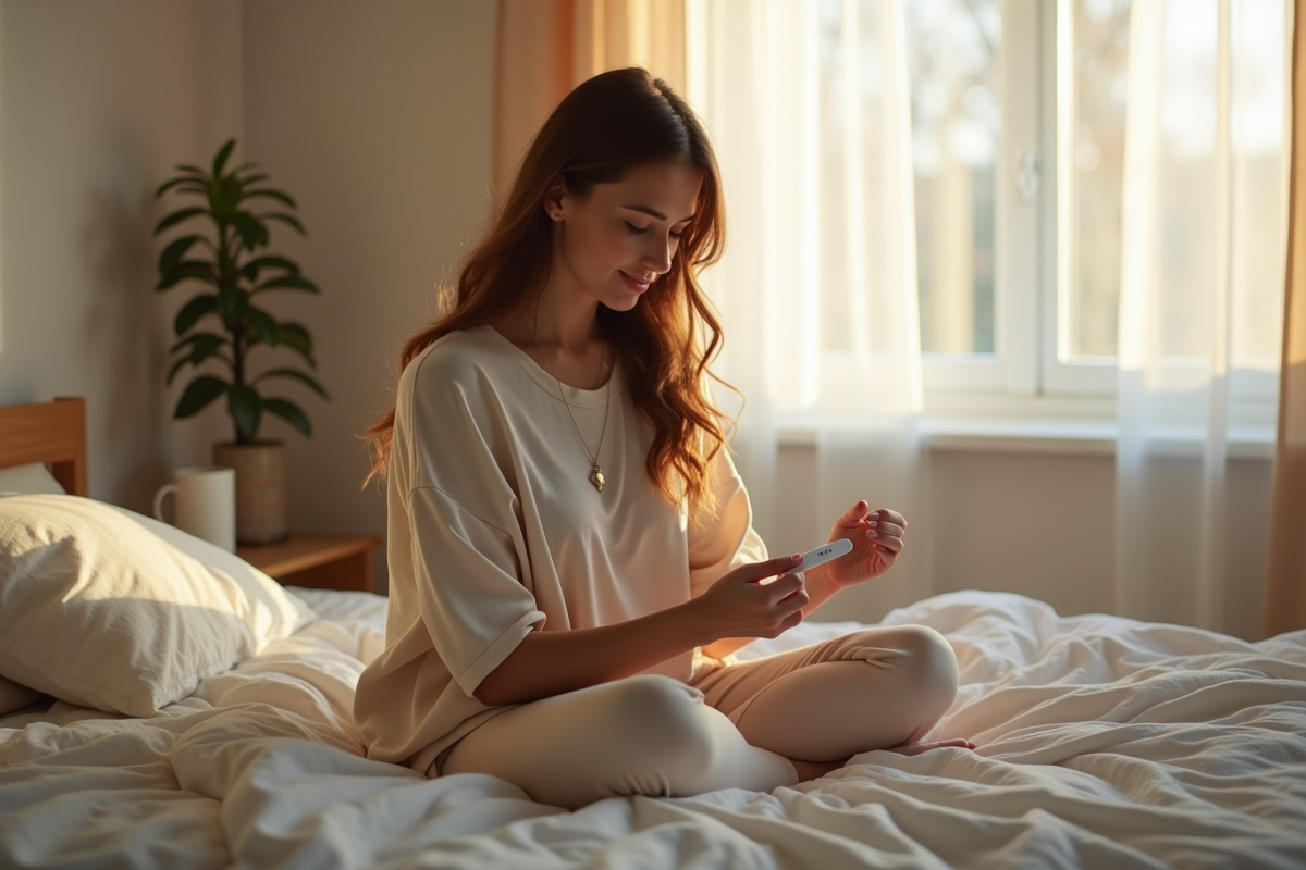 Femme assise sur son lit regardant un test de grossesse