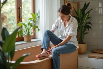 Femme relaxant en bain de bois en train de limer son pied