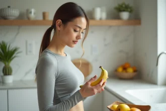 Femme tenant une banane dans une cuisine moderne, illustrant les calories d'une banane pour la perte de poids