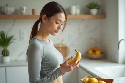 Femme tenant une banane dans une cuisine moderne, illustrant les calories d'une banane pour la perte de poids