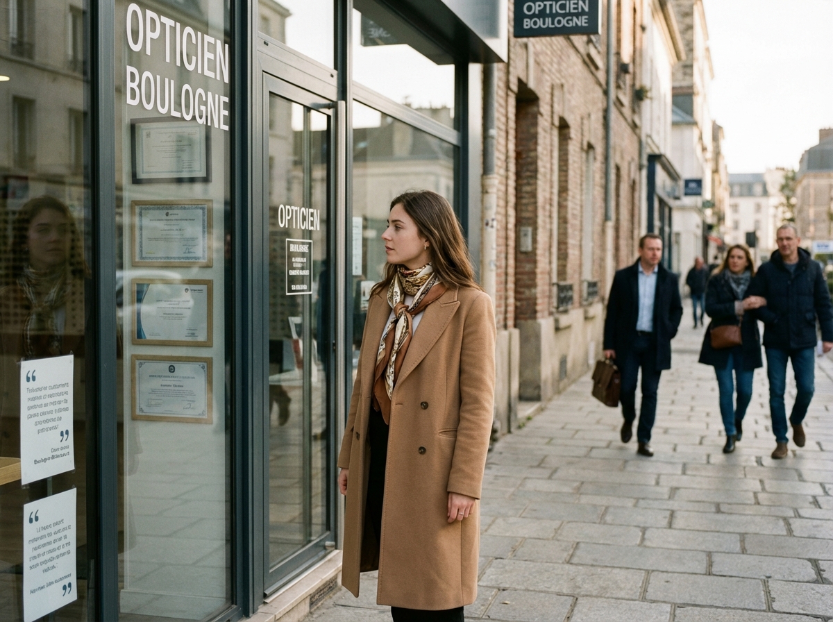 Jeune femme regardant la vitrine d’un magasin d’optique à Boulogne