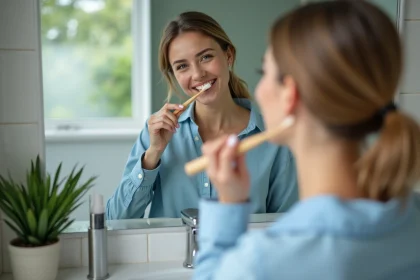 Femme souriante se brossant les dents avec une brosse en bambou