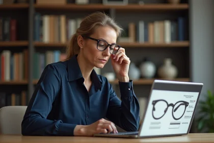Femme en bureau moderne ajustant ses lunettes avec étagères en arrière-plan