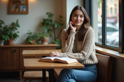 Jeune femme lisant dans un café cosy avec vue urbaine