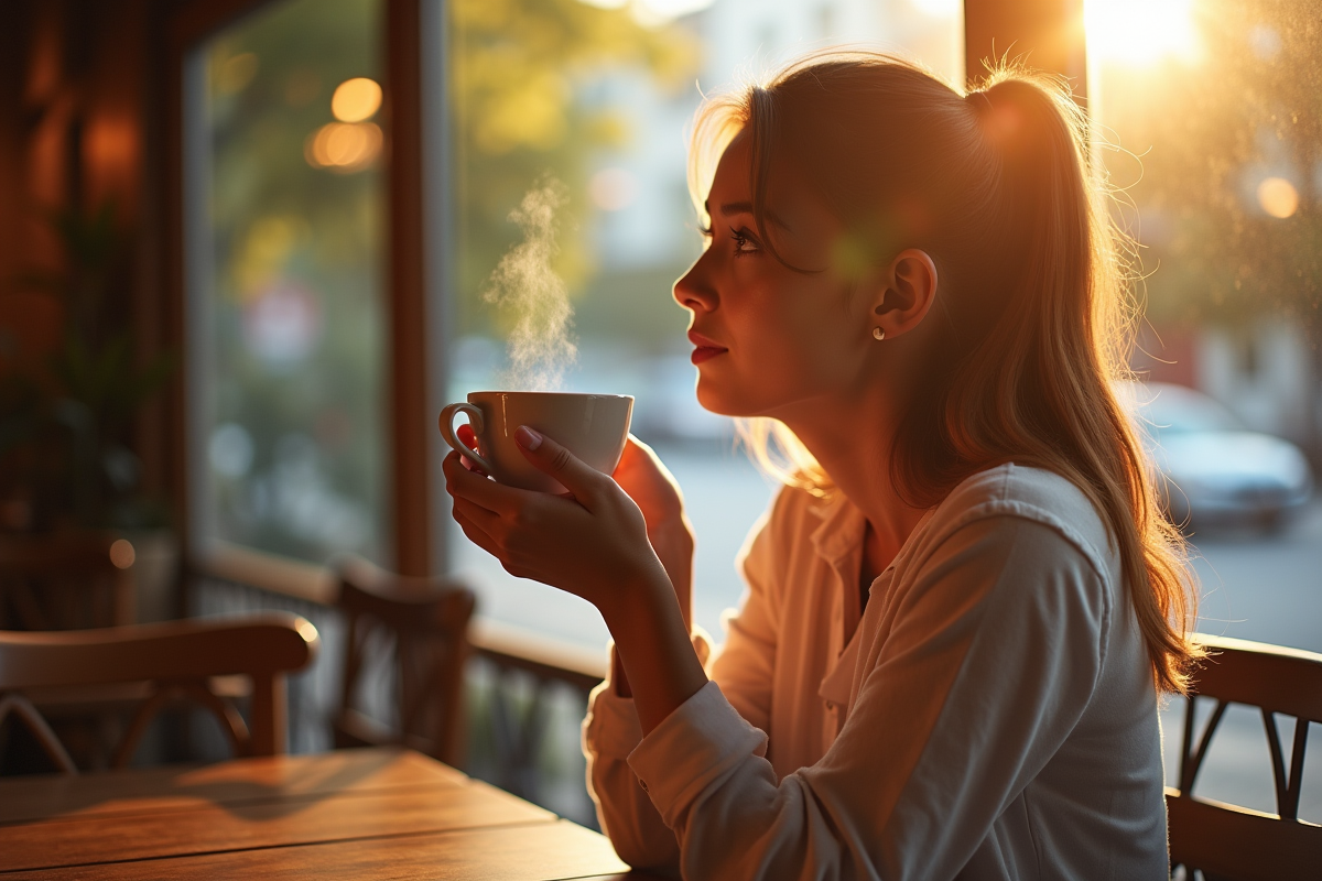 Jeune femme pensant au café près de la fenêtre
