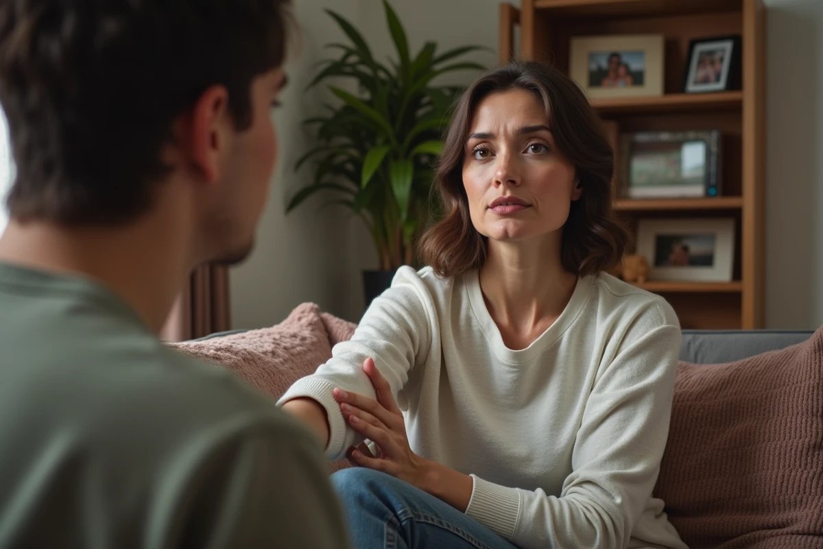 Femme écoutant une amie dans un salon familial