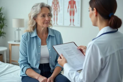 Femme d'âge moyen discutant de ses résultats médicaux avec un médecin