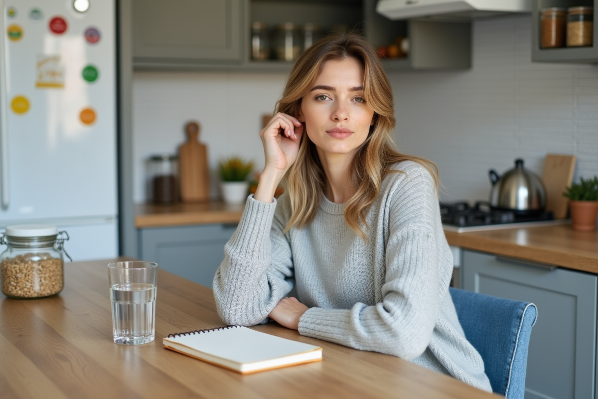 Femme assise à la cuisine avec eau et carnet