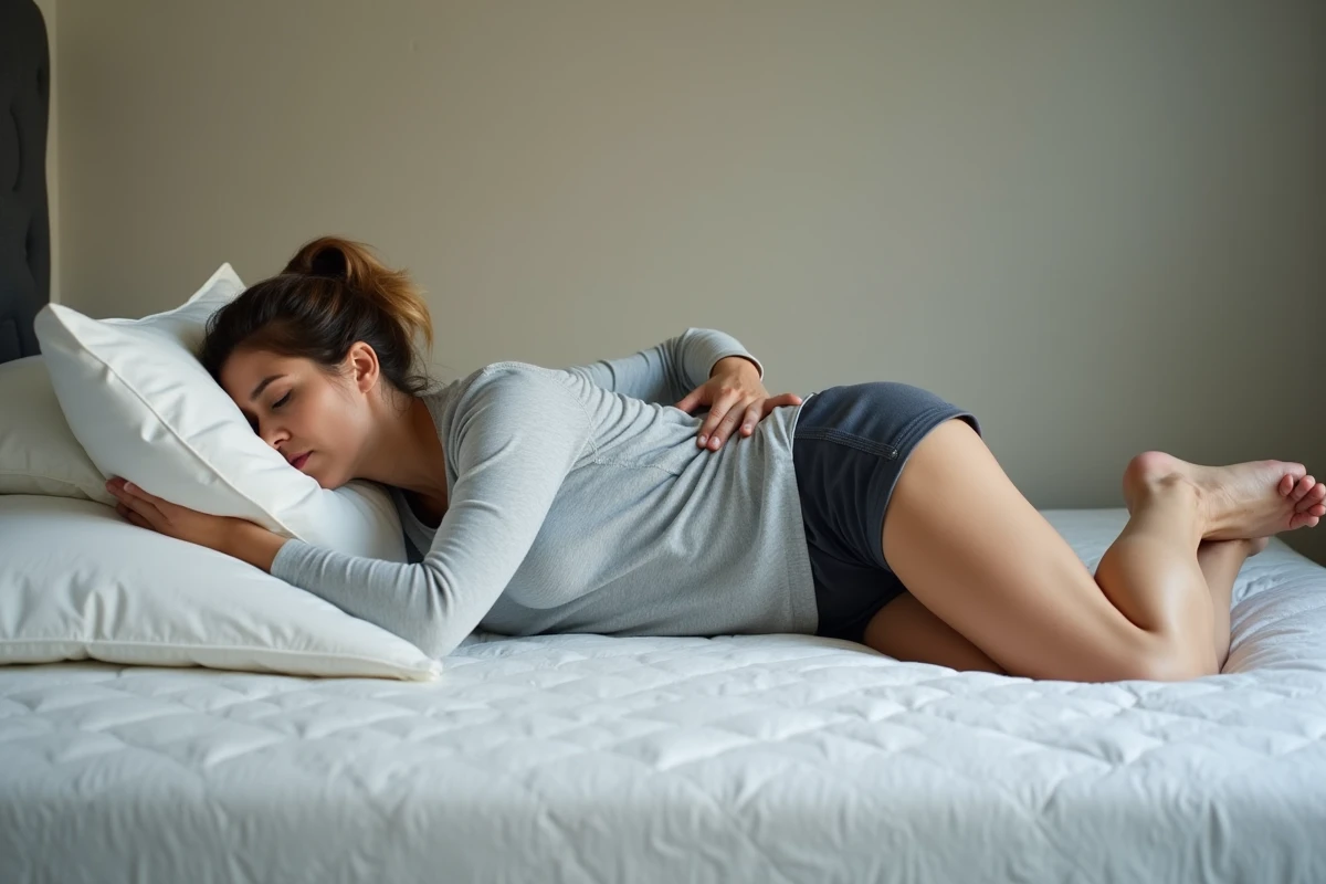 Femme allongée sur le côté ressentant une douleur dans le bas du dos côté droit sur son matelas