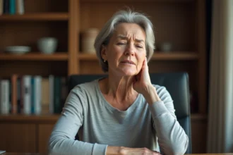 Femme d'âge mûr tenant son trapèze douloureux en position assise à un bureau, expression de gêne visible, contexte médical douleur trapèze cancer
