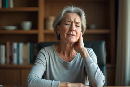 Femme d'âge mûr tenant son trapèze douloureux en position assise à un bureau, expression de gêne visible, contexte médical douleur trapèze cancer