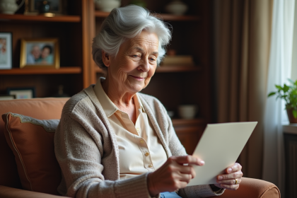 Femme âgée lisant une lettre dans un salon chaleureux