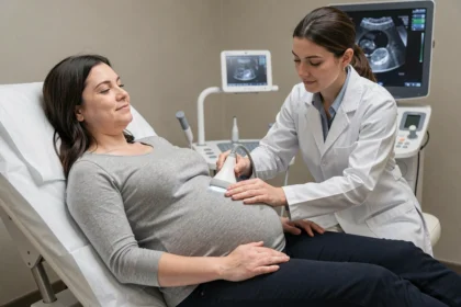 Femme enceinte lors d'une échographie médicale avec une radiologue dans une salle d'imagerie médicale moderne
