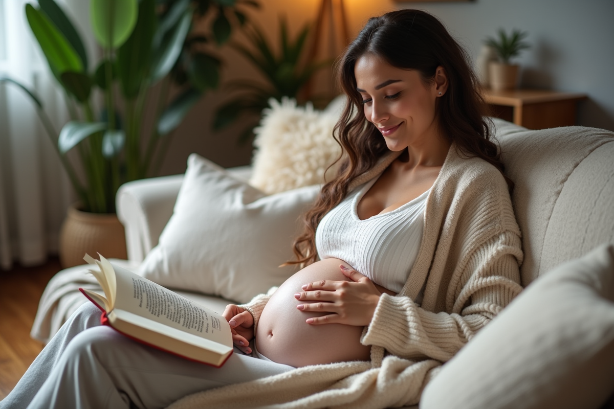 Femme enceinte relaxant sur un canapé dans un intérieur cosy