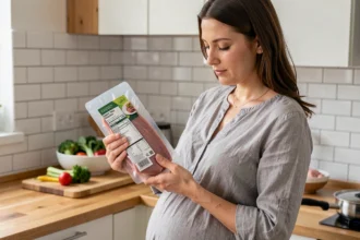 Femme enceinte au troisième trimestre lisant attentivement l'étiquette d'un magret de canard emballé dans une cuisine moderne
