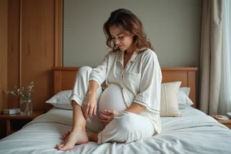 Femme enceinte se massant le mollet dans un chambre chaleureuse