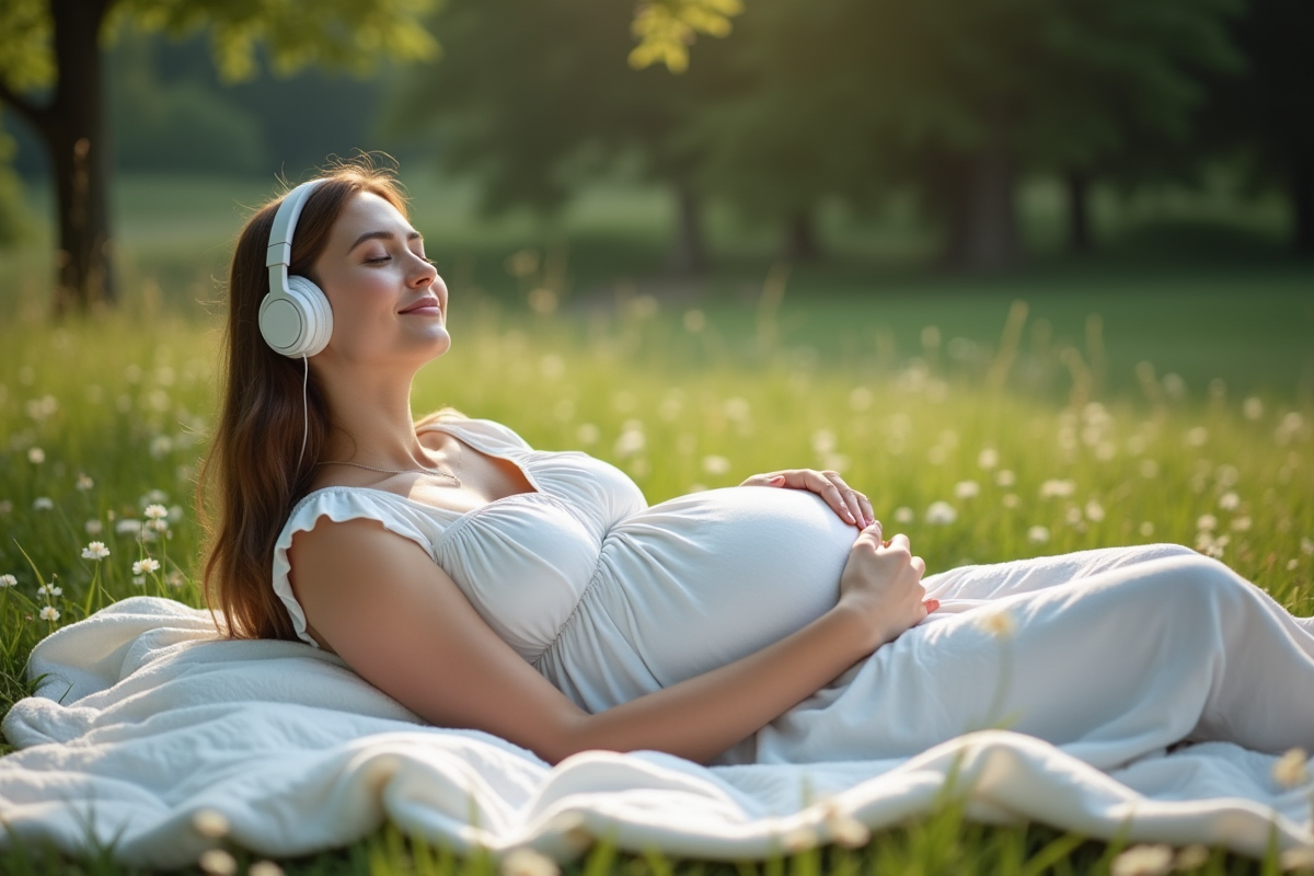 Femme enceinte allongée dans un parc en pleine nature