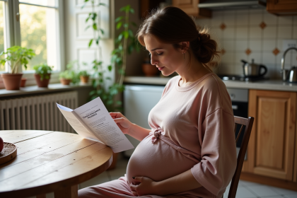 Femme enceinte lisant un dépliant dans une cuisine chaleureuse