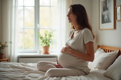 Femme enceinte assise sur le lit dans une chambre apaisante