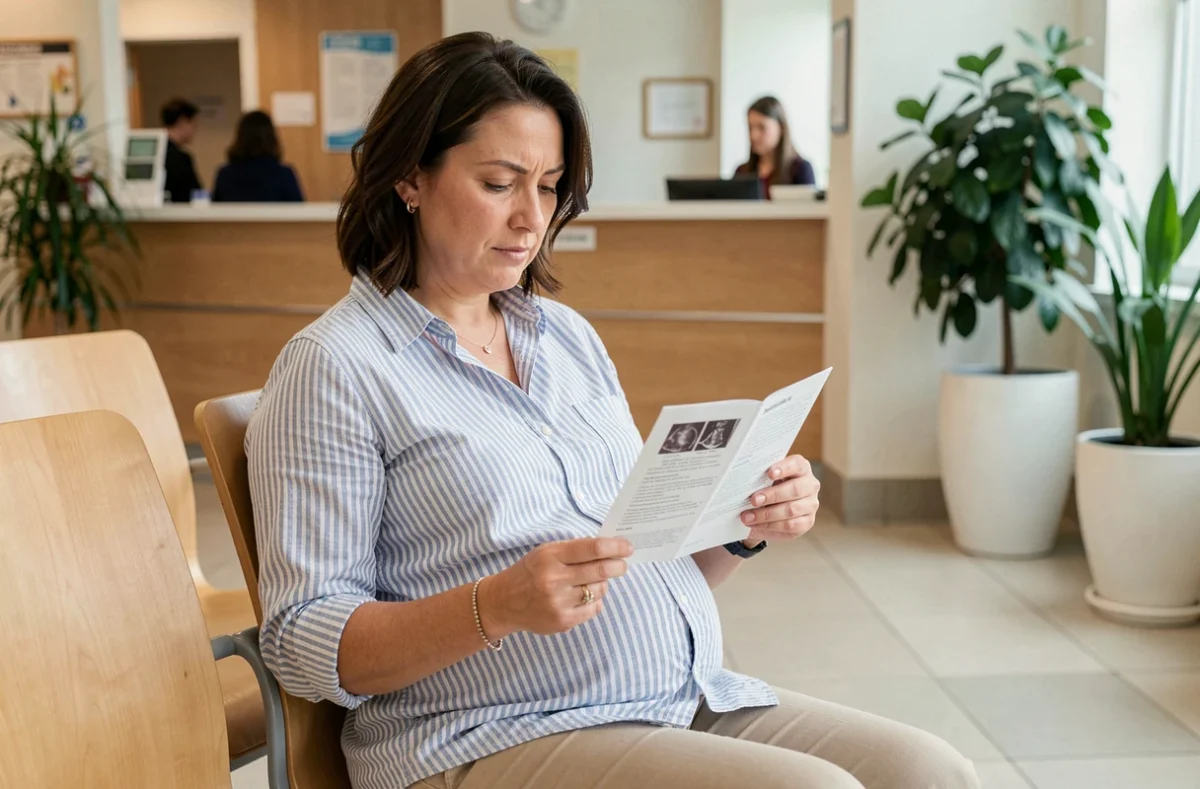 Femme enceinte lisant une brochure d'information sur les examens d'imagerie médicale dans une salle d'attente d'hôpital