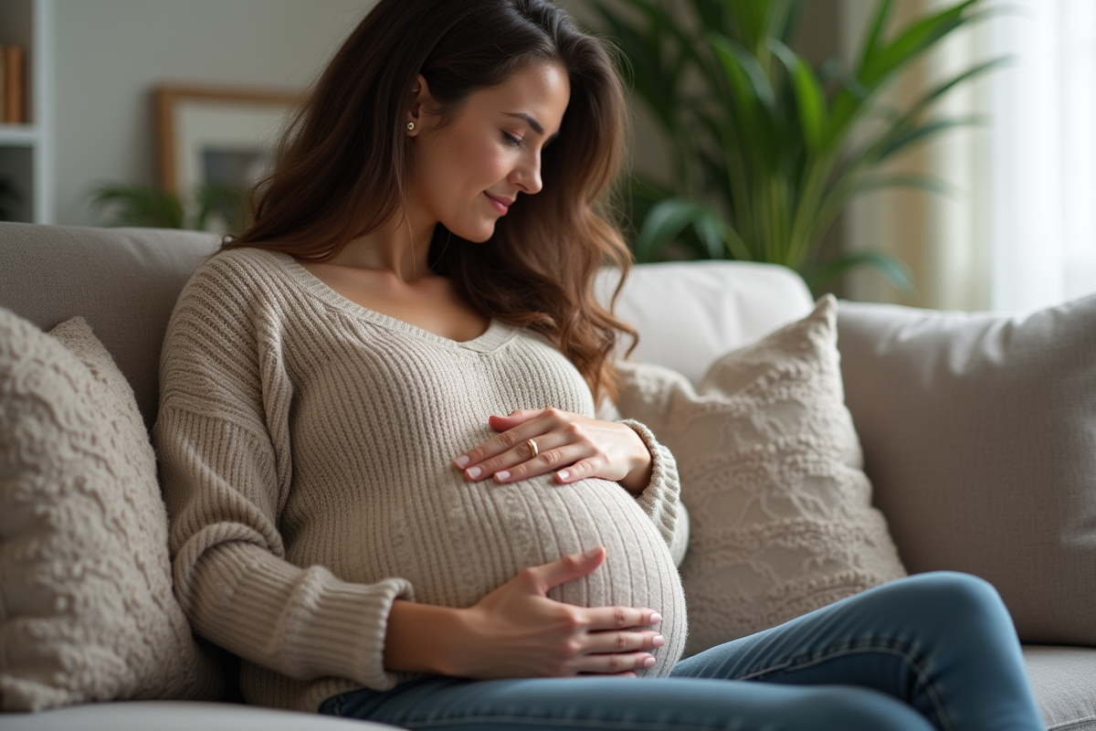 Femme enceinte assise sur un canapé dans un salon cosy