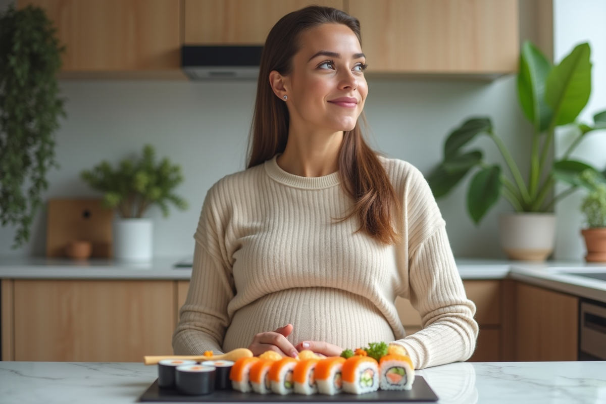 Femme enceinte dégustant sushi dans une cuisine chaleureuse