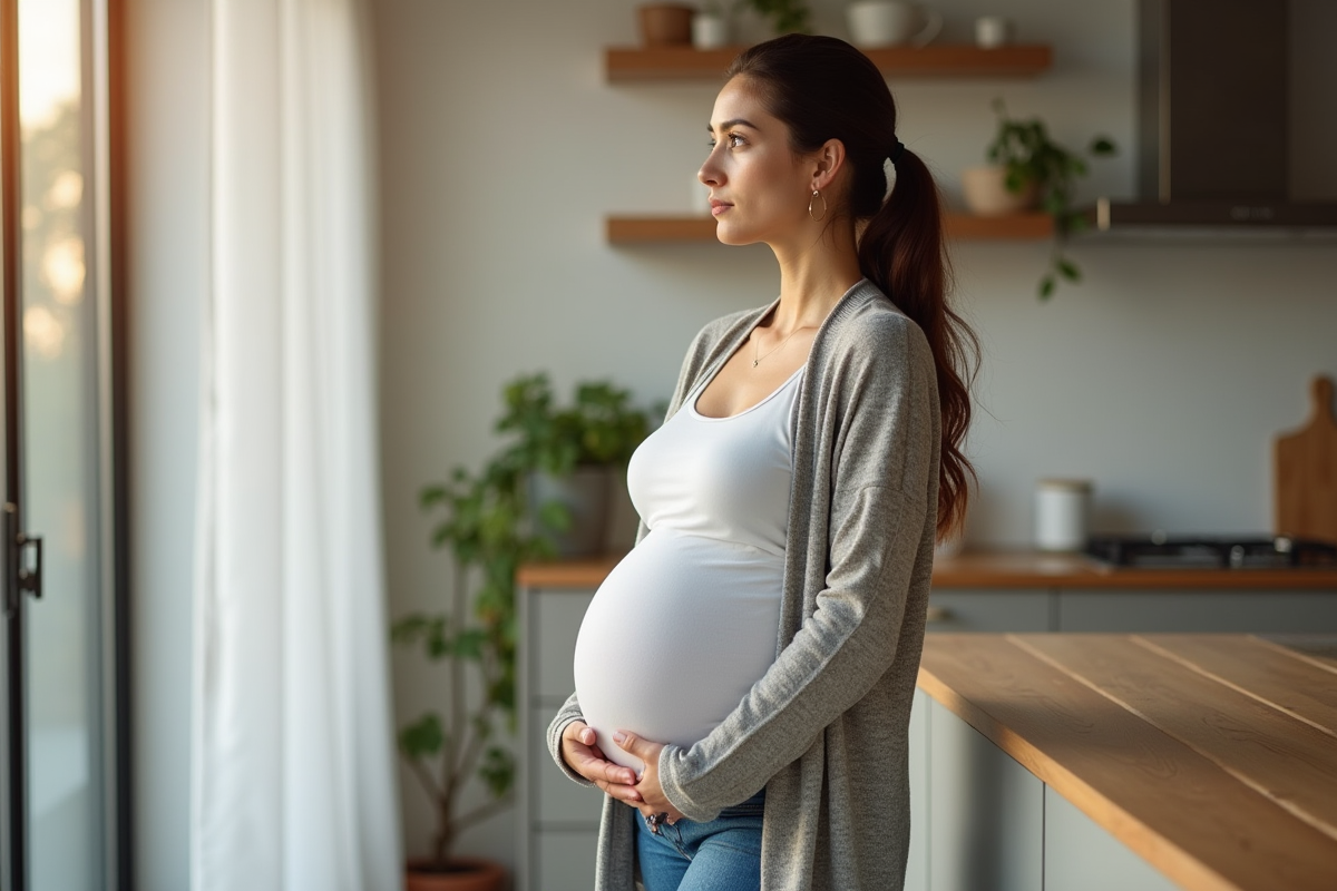 Femme enceinte regardant par la fenêtre dans la cuisine