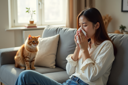 Jeune femme éternuant avec un chat à côté dans un salon lumineux